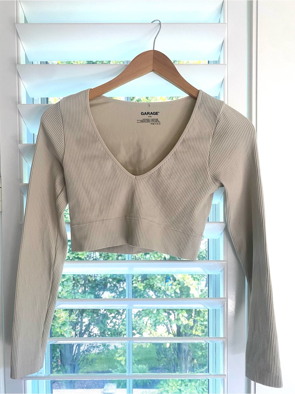 Garage Cream Ribbed V-Neck Long Sleeve Crop Top
